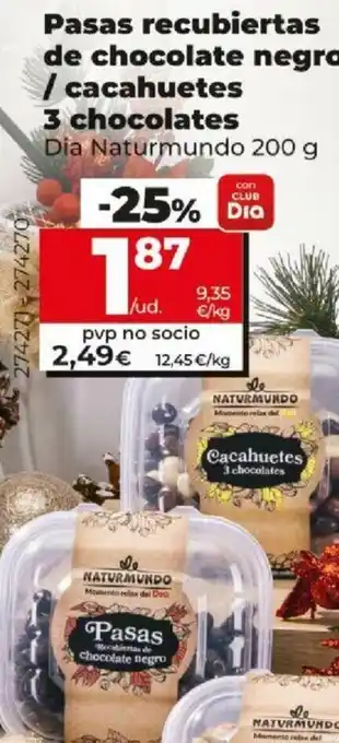 Dia Pasas Recubiertas De Chocolate Negro / Cacahuetes 3 Chocolates Dia Naturmundo 200 g oferta