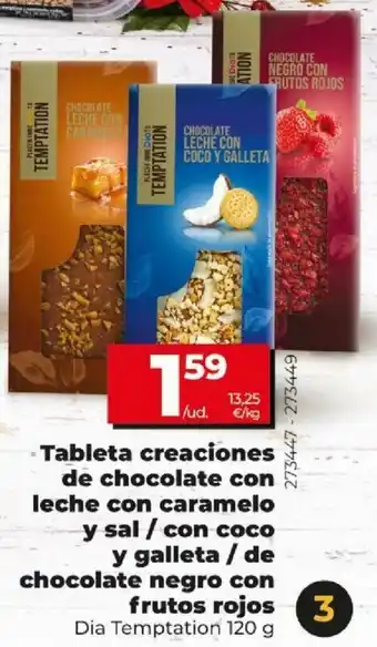 Dia Tableta Creaciones de Chocolate con Leche con Caramelo y Sal/Con Coco y Galleta/ de Chocolate Negro con Frutos Rojos Dia Temp oferta