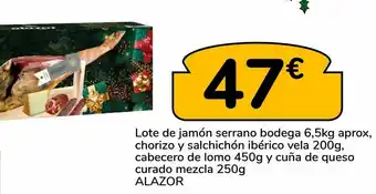 Supeco Lote de jamón serrano bodega 6.5kg aprox. chorizo y salchichón ibérico vela 200g. cabecero de lomo 450g y cuña de queso curad oferta