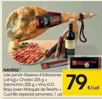 Eroski Navidul lote jamón reserva 4 estaciones + chorizo + salchichón + vino d.o. rioja joven marqués de treviño + cuchillo especial oferta