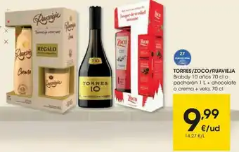 Eroski Torres/zoco/ruavieja brandy 10 años o pacharán + chocolate o crema + vela oferta