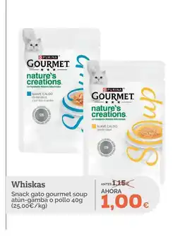 Supermercados MAS WHISKAS Snack gato gourmet soup atún-gamba o pollo oferta