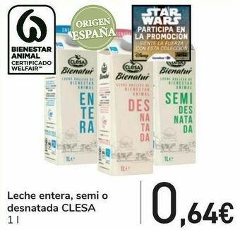Carrefour Leche entera, semi o desnatada clesa oferta