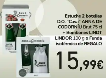 Carrefour Estuche 2 botellas d.o. ''cava'' anna de codorníu brut + bombones lindt lindor o funda isotérmica de regalo oferta