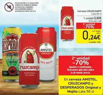Carrefour En cerveza amstel, cruzcampo y desperados original y mojito oferta