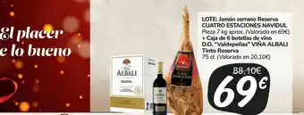 Carrefour Market Lote: jamón serrano reserva cuatro estaciones navidul pieza 7 kg aprox. (valorado en 69€) + caja de 6 botellas de vino d.o. “ oferta