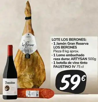 Carrefour Market Lote los berones: ·1 jamón gran reserva los berones pieza 8 kg aprox. · 1 lomo embuchado raza duroc artysan 500g · 1 botella oferta