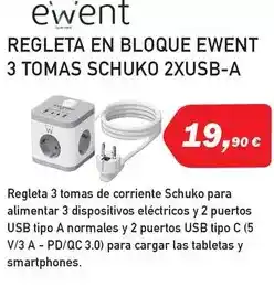 Microsshop Ewent - regleta en bloque 3 tomas schuko 2xusb-a oferta