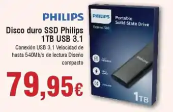 Hiper FROIZ PHILIPS Disco duro SSD 1TB USB 3.1 Conexión USB 3.1 Velocidad de hasta 540Mb/s de lectura Diseño compacto oferta