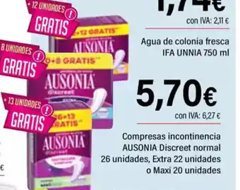Cash Ifa AUSONIA Compresas incontinencia Discreet normal 26 unidades, Extra 22 unidades o Maxi 20 unidades oferta