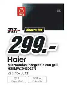 MediaMarkt Haier - microondas integrable con grill h38mwid4id27n oferta