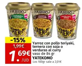Maskom Supermercados Yatekomo - yarroz con pollo teriyaki, ternera con soja o verduras al curry oferta
