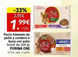 Maskom Supermercados Purina one - perro húmedo de pollo y cordero o buey con pato bolsa de oferta