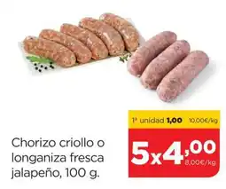 Alimerka Chorizo criollo o longaniza fresca jalapeño, 100 g oferta