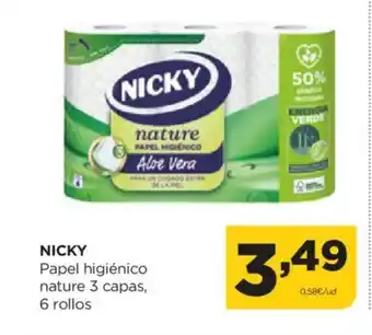 Alimerka NICKY Papel higiénico nature 3 capas, 6 rollos oferta