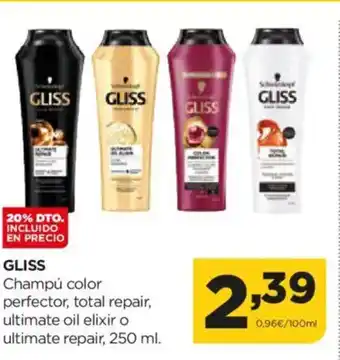 Alimerka GLISS Champú color perfector, total repair, ultimate oil elixir o ultimate repair oferta