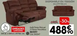 Conforama Sofá relax manual 3 plazas microfibra berry oferta