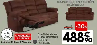 Conforama Sofá relax manual 3 plazas microfibra berry oferta