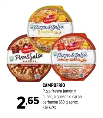 Coviran CAMPOFRÍO Pizza fresca jamón y queso, 5 quesos o carne barbacoa oferta
