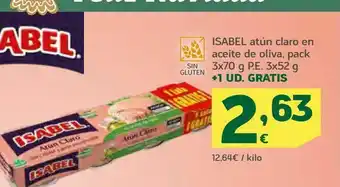 HiperDino Atún claro en aceite de oliva, pack 3x70 g p.e 3x52 g + 1 ud gratis isabel oferta