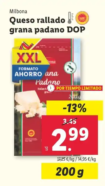 Lidl MILBONA Queso rallado grana padano DOP oferta