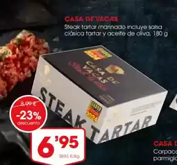 Supermercados Plaza CASA DE VACAS Steak tartar marinado incluye salsa clásica tartar y aceite de oliva oferta