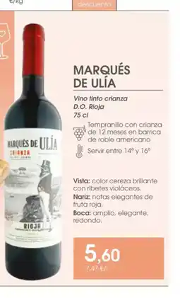 Supermercados Plaza MARQUÉS DE ULIA Vino tinto crianza D.O. Rioja oferta