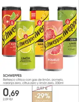Supermercados Plaza SCHWEPPES Refresco cítrico con gas de limón, pomelo, naranja zero, citrus zero y limón zero oferta
