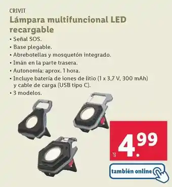 Lidl Crivit - lampara multifuncional led recargable oferta