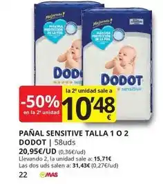 Supermercados MAS Dodot - panal sensitive talla 1 o 2 oferta