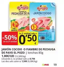 Supermercados MAS Elpozo - jamon cocido o fiambre de pechuga de pavo oferta