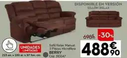 Conforama Sofá relax manual 3 plazas microfibra berry oferta