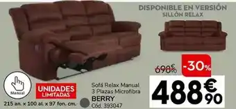 Conforama Sofá relax manual 3 plazas microfibra berry oferta