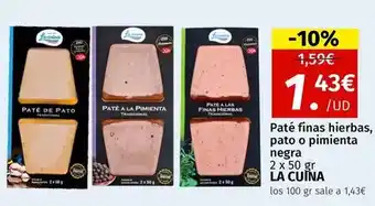 Maskom Supermercados La cuina - pate finas hierbas, pato o pimiento negra oferta