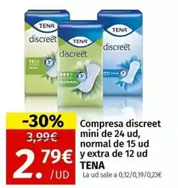 Maskom Supermercados Tena - compresa discreet mini de 24 ud, normal de 15 ud y extra de 12 ud oferta