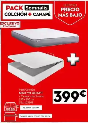 Conforama Somnalis - pack colchón max y9 adapt + canapé color blanco oferta