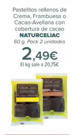 Carrefour NATURCELIAC Pastelitos rellenos de Crema, Frambuesa o Cacao-Avellana con cobertura de cacao oferta