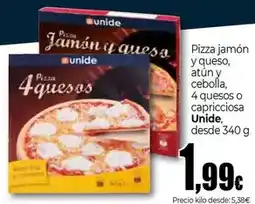 Unide Supermercados Unide - pizza jamón y queso, atún y cebolla, 4 quesos o capricciosa oferta