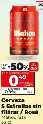 Dia Mahou - cerveza 5 estrellas sin filtrar lata 33 cl oferta