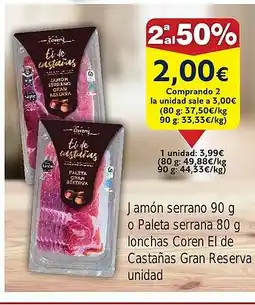 FROIZ Jamón serrano o Paleta serrana lonchas Coren El de Castañas Gran Reserva oferta