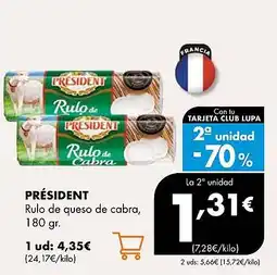 Supermercados Lupa PRÉSIDENT Rulo de queso de cabra oferta