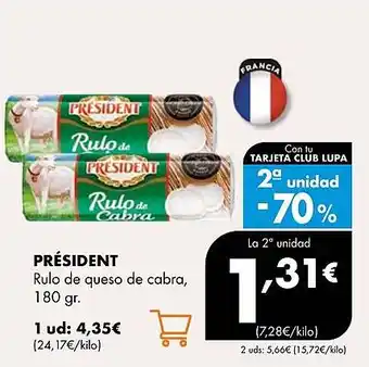 Supermercados Lupa PRÉSIDENT Rulo de queso de cabra oferta