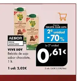 Supermercados Lupa VIVE SOY Bebida de soja sabor chocolate oferta