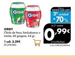 Supermercados Lupa ORBIT Chicle de fresa, hierbabuena o menta, 46 grageas oferta