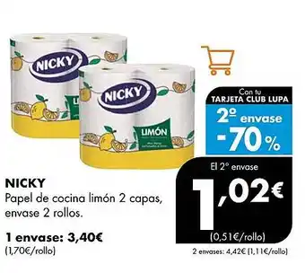 Supermercados Lupa NICKY Papel de cocina limón 2 capas, envase 2 rollos. oferta
