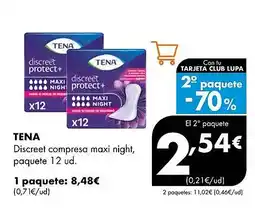 Supermercados Lupa TENA Discreet compresa maxi night, paquete oferta
