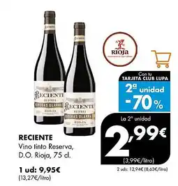 Supermercados Lupa RECIENTE Vino tinto Reserva, D.O. Rioja oferta