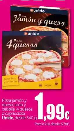 UDACO UNIDE Pizza jamón y queso, atún y cebolla, 4 quesos o capricciosa oferta
