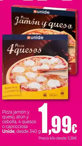UDACO UNIDE Pizza jamón y queso, atún y cebolla, 4 quesos o capricciosa oferta