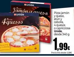 Unide Market UNIDE Pizza jamón y queso, atún y cebolla, 4 quesos o capricciosa oferta